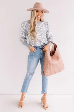 Pikes Peak Knit Leopard Sweater In Grey