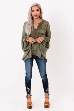 Brilliantly Beaming Beaded Top In Olive