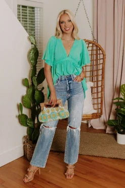 All Of A Sudden Babydoll Top In Sea Glass