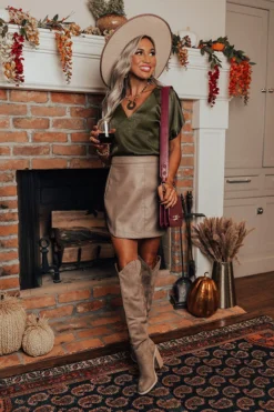 The Tobi Faux Leather Skirt In Taupe