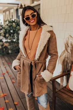 Salem Snuggles Faux Suede Coat In Khaki