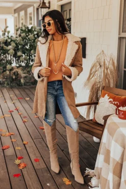 Salem Snuggles Faux Suede Coat In Khaki -Jacket and Coats Shop 2209308155000 2022101415190200 0599175fsalem snuggles faux suede coat in khaki