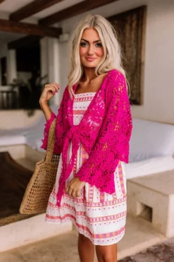 Sail The Day Away Front Tie Crochet Top In Hot Pink