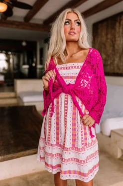 Sail The Day Away Front Tie Crochet Top In Hot Pink -Jacket and Coats Shop 2212288240000 2023021312094000 dd2eb589sail the day away front tie crochet top in hot pink
