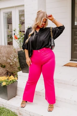 The Adriana High Waist Wide Leg Jean In Hot Pink Curves