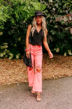 The Eras High Waist Distressed Jean In Coral -Jacket and Coats Shop 2306126143000 2023062109334300 b8d98a4fthe eras high waist distressed jean